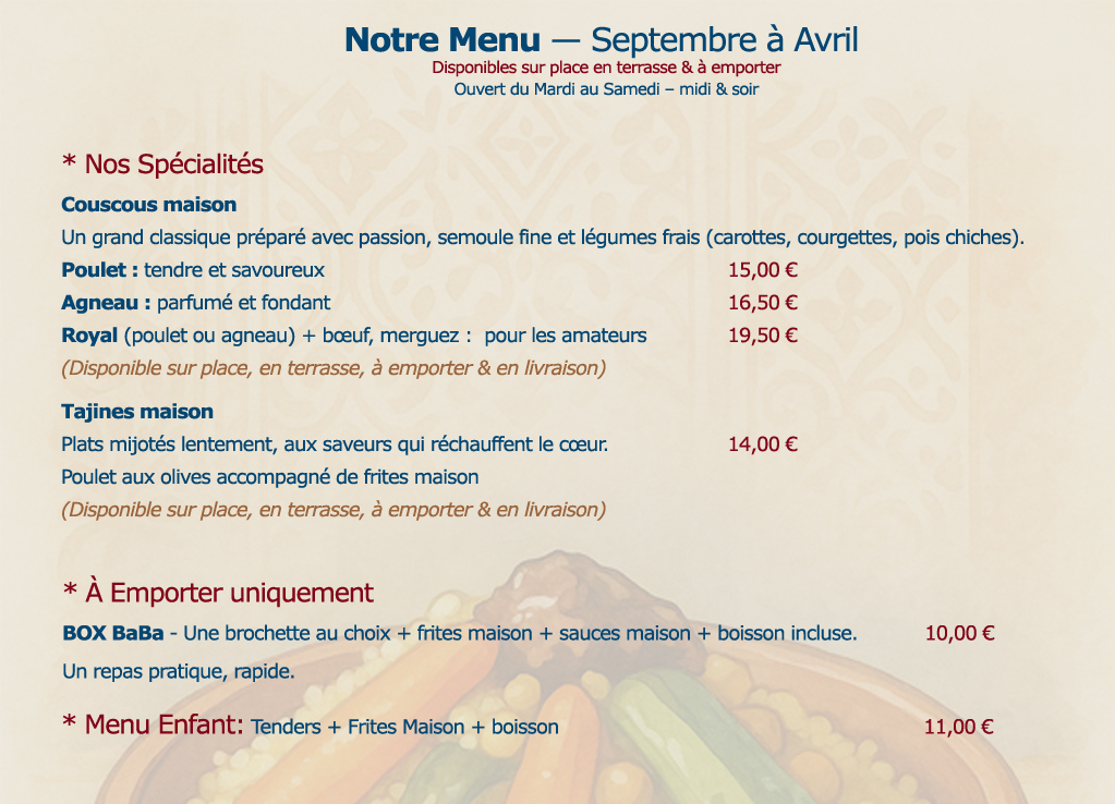 Menu Sur place & Emporter